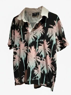 Wesc Black Polo Shirt with Pink & Mint Palm Print
